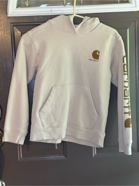 Carhartt Light Gray Pullover Hoodie with Gold Logo and Sleeve Printt